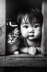 child with cat