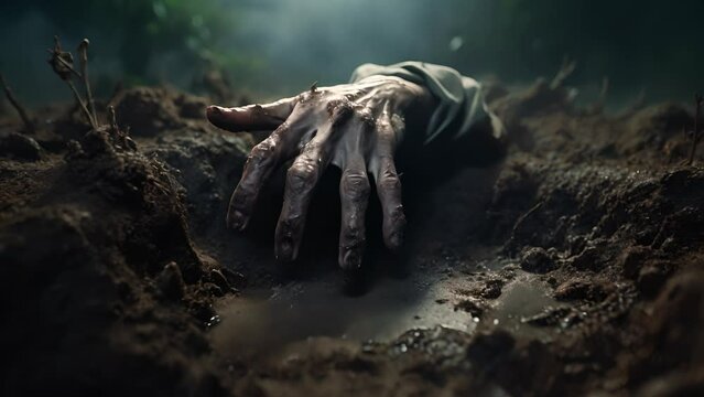 The hand of a zombie emerges from a grave in a cemetery, under the eerie night, Zombie hand emerging from the ground	