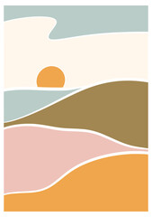 Hand draw sea and sunset lanscape panorama with earth tone. Organic doodle shapes matisse style, naive art, contemporary backgrounds. beach and mountains vector illustration