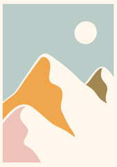 Mountains and sun lanscape panorama posters. Organic doodle shapes matisse style, naive art, contemporary backgrounds. Sun and mountains vector illustration