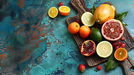 Wooden board with various delicious exotic fruits on c