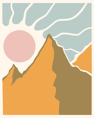 Mountain and sunrise lanscape panorama posters. Organic doodle shapes matisse style, naive art, contemporary backgrounds. Sun and mountains vector illustration