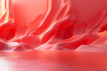 A digital design featuring a red and pink background with fabric flowing in fluid motion
