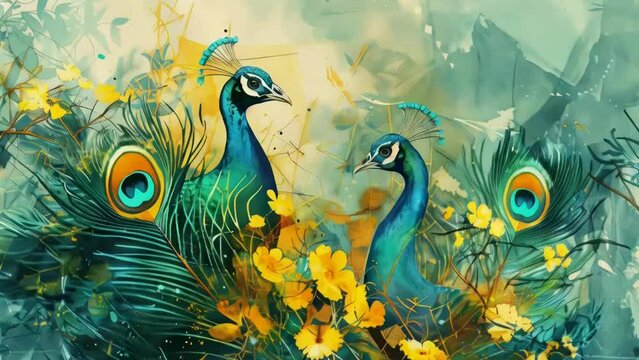 Two peacocks are sitting on bed of flowers