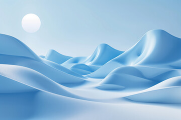 A digital design of a minimalist landscape featuring a blue color scheme with a bright sun in the background