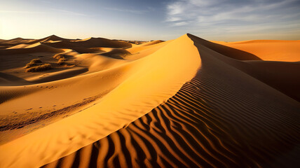 Beautiful Desert Dunes Background At Golden Hour - Generative AI