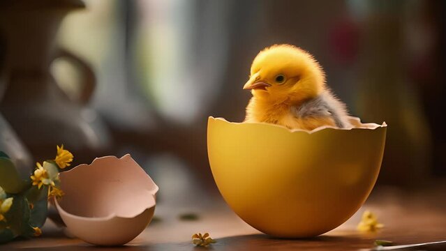 A baby yellow bird emerging from an egg, Yellow chick emerges from its eggshell, Newborn chicken hatching into the world	