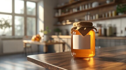 Mockup honey jar with white empty label on kitchen table, modern interior on background, copy space for text.  template for your design. Concept: organic product, advertising food photo.