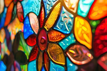 Detailed view of a vibrant stained glass window with colorful geometric shapes and floral designs