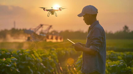 Crop farmer using AI technology on smart pad to improve farming efficiency and agricultural processes - Generated by Generative AI