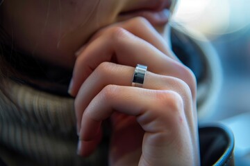 Macro shot showcasing a young woman wearing a high-tech smart ring with futuristic features