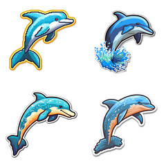 Naklejka premium Playful cartoon dolphin illustrations with dynamic poses and ocean vibes. Fun vector marine animals perfect for stickers, kids’ art, aquatic themes, and educational designs.