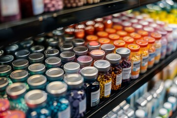 A pharmacy counter displays a variety of colorful jars filled with medications, arranged neatly in a display case