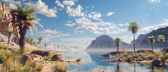 Mystery landscape of a secluded desert oasis, rendered in classic styles color, inviting exploration through a banner template sharpen with copy space
