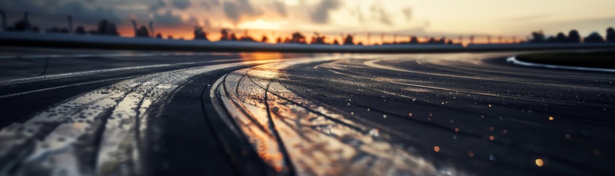 A wet racetrack glistens in the sunlight. The sky is a deep orange, and the trees are silhouetted against the horizon. The track is empty, save for a few tire tracks.