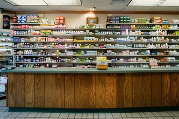 A wide-angle view of a pharmacy counter neatly displaying rows of prescription medications and over-the-counter drugs on shelves - Powered by Adobe