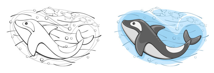 A orca whale swims in the sea with fish. Vector illustration , on an isolated background.