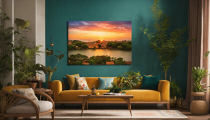 modern living room with wall beautiful  painting 