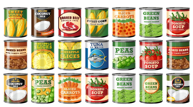 Colorful vector illustration of various canned goods