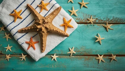 vibrant sea star towel draped elegantly over a rustic blue wooden table, with a real sea star placed beside it, evoking the essence of summer vacation - obrazy, fototapety, plakaty