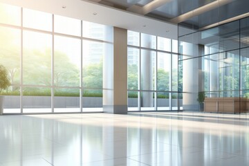 Blurred business office background. Lobby reception hall interior or empty indoor foyer meeting room with light from glass wall window