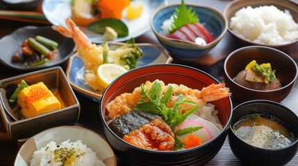 Exquisite Japanese Kaiseki menu with Tempura, Miso Soup, Sashimi, and Rice in Elegant Ceramic Bowls