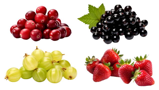 Collection of berry berries family fruits in pile group cluster, blackcurrant, cranberry, gooseberry, strawberry on transparent background cutout, PNG file. Mockup template for artwork design