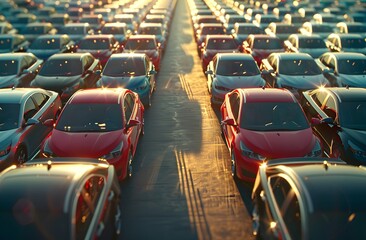 Fototapeta premium A car lot full of cars, with various colors and models parked side by side in rows. The sun is shining brightly on the parking area, casting long shadows over all vehicles. 