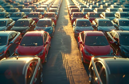 A car lot full of cars, with various colors and models parked side by side in rows. The sun is shining brightly on the parking area, casting long shadows over all vehicles. 