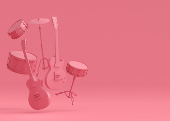 Set of electric acoustic guitars and drums with cymbals on monochrome background