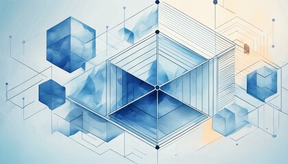 Obraz premium Blueprint concept hexagon geometric shape lines blue watercolor ink illustration abstract
