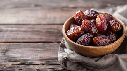 copy space, Delicious medjool dates in a bowl on a wooden table, closeup view. Cloth napkin with date fruits. Traditional Arabic healthy food for breaking the Ramadan fast. Vegan food.