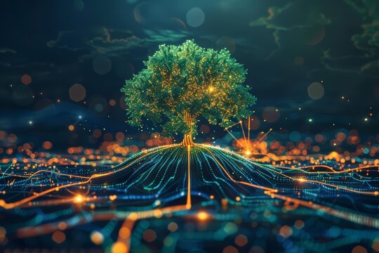 The growth of a tree in cyberspace symbolizes ecological IT development, merging nature with technology, Sharpen banner template with copy space on center