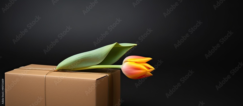 Aufkleber A spring fresh tulip adorns a carton with a cardboard box providing an image with ample empty space