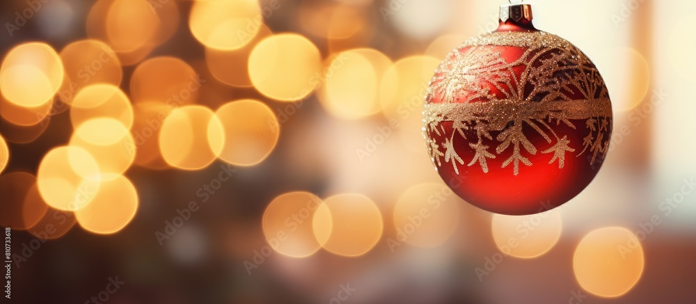 Poster A close up of a Christmas ball hanging on a tree conveying the spirit of Merry Christmas and Happy New Year with a bokeh background for a festive copy space image