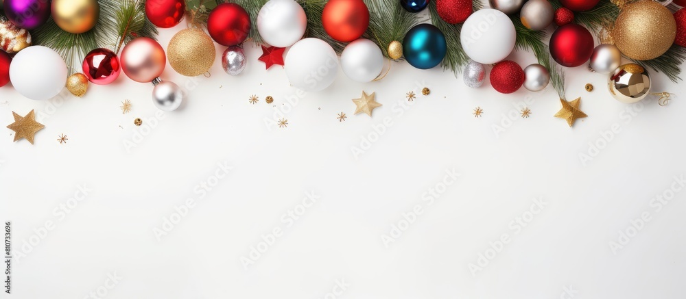 Poster colorful balls garland and fir branches adorn a white table where children have crafted diy homemade