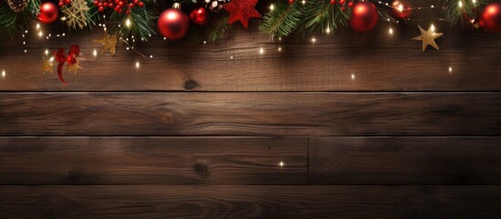 A festive Christmas decoration adorns a wooden background creating a beautiful copy space image - Powered by Adobe