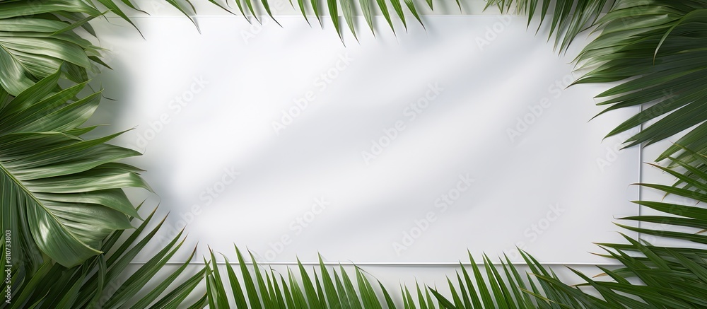 Aufkleber There is a white sheet of paper placed amidst white palm leaves offering ample copy space for any text or design