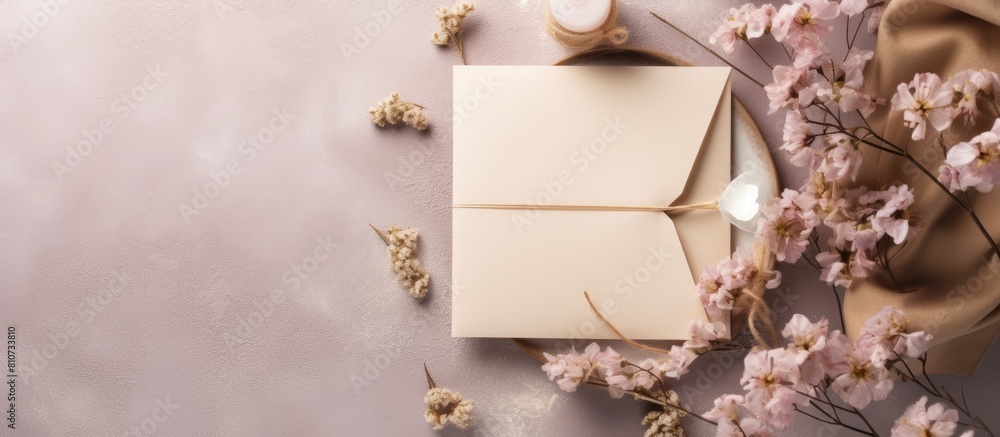 Poster copy space image a 5x7 invitation mockup with dry flowers and ribbon placed on a fabric background a
