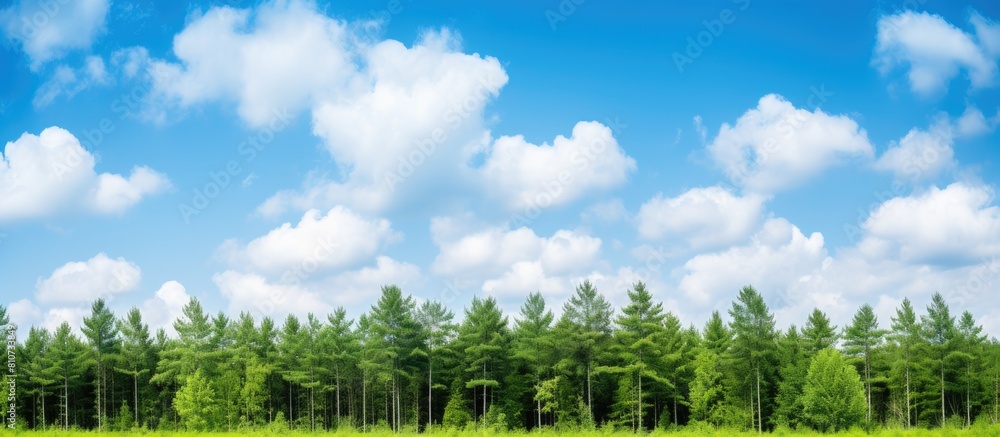 Aufkleber a picturesque scene of tall trees with a clear blue sky adorned by fluffy white clouds offering ampl