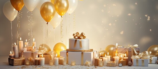 The birthday or anniversary party supplies are highlighted by soft creamy lighting that accentuates the white silver and gold colors The image also provides ample space for adding text