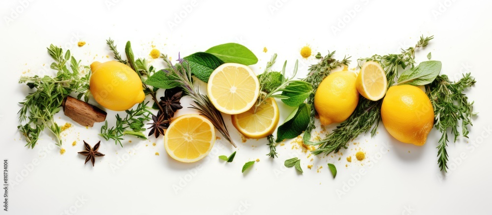 Poster A copy space image showcasing the combination of lemon and thyme ingredients against a white background