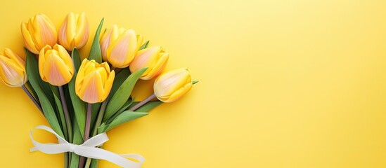 A top down view shows a bouquet of bright yellow tulips positioned on top of elegant wrapping paper creating a decorative background for occasions like Valentine s Day and Mother s Day Ample space is