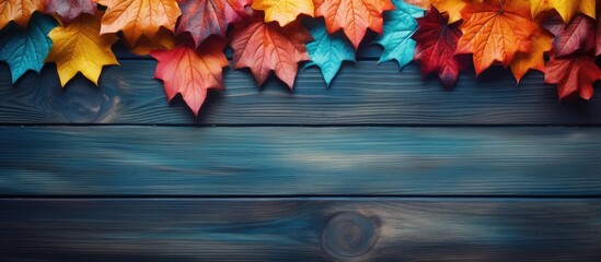 Top view of autumn leaves arranged in a flat lay composition on a wooden background creating a visually appealing copy space image