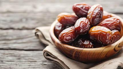 Fototapeta premium copy space, Delicious medjool dates in a bowl on a wooden table, closeup view. Cloth napkin with date fruits. Traditional Arabic healthy food for breaking the Ramadan fast. Vegan food.