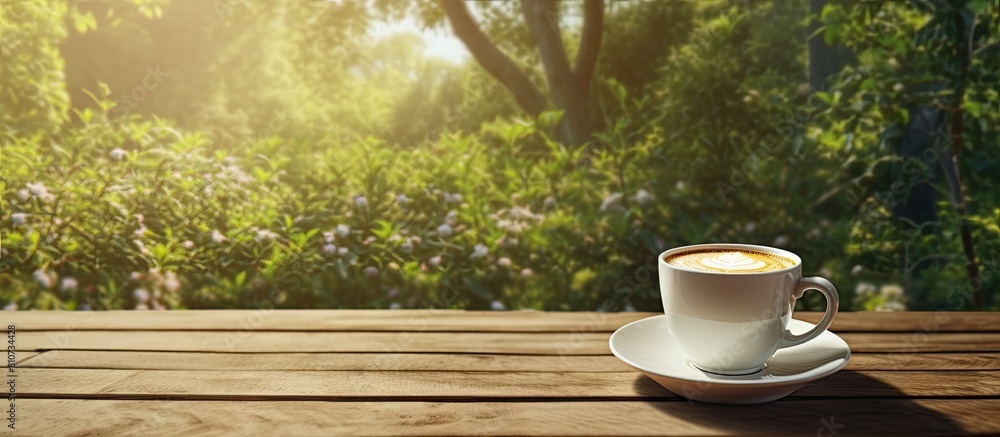 Poster an outdoor coffee scene with a white cup of coffee placed on a wooden table creating a cozy and rust