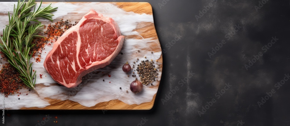 Poster A top down view of a marbled pork steak resting on a chopping board with a neutral gray backdrop providing ample space for additional imagery or text