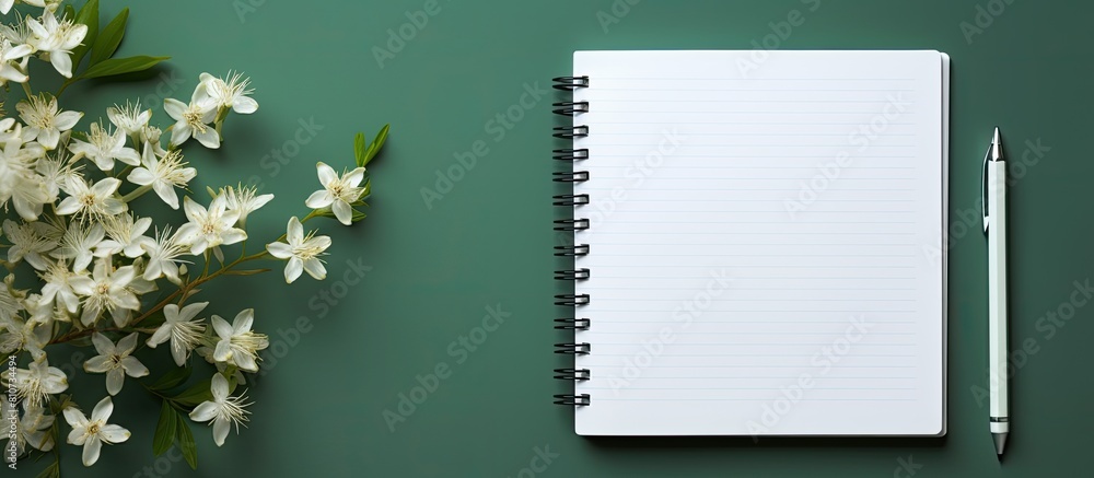 Aufkleber A blank notebook with a white pencil and white flowers is seen from above placed on a green table There is empty space available for text or images. Creative banner. Copyspace image