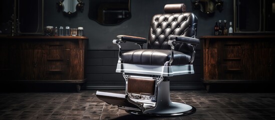 A barber chair set against a copy space image of a barbershop background providing hairdressing and salon services exclusively for men