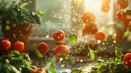 Fresh vegetables tossed in the air with basil leaves in a sunlit kitchen